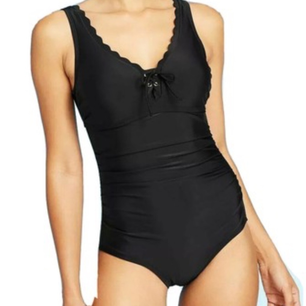 Kona Sol Scalloped Tummy Control Black‎ One Piece Swimsuit Size 17 NWT